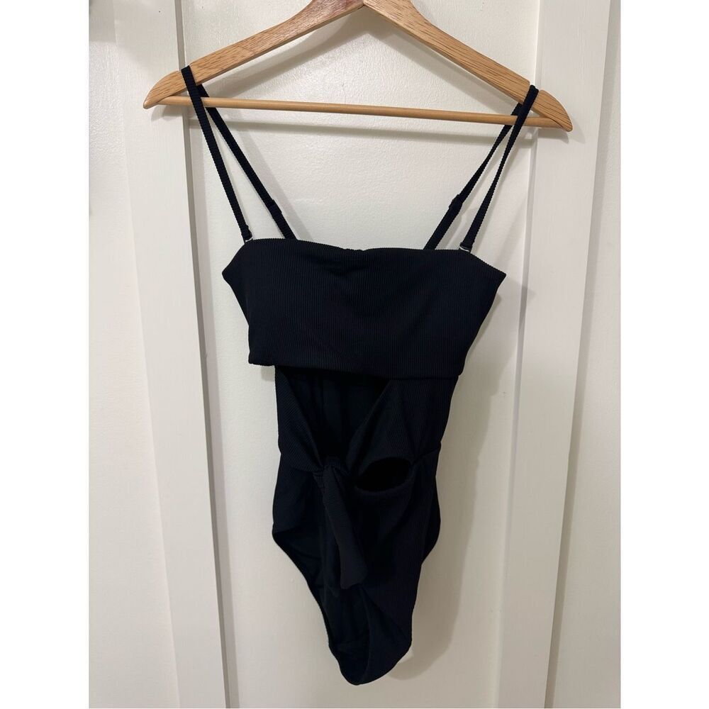 aerie Black Ribbed One-Piece Swimsuit with Tie Front